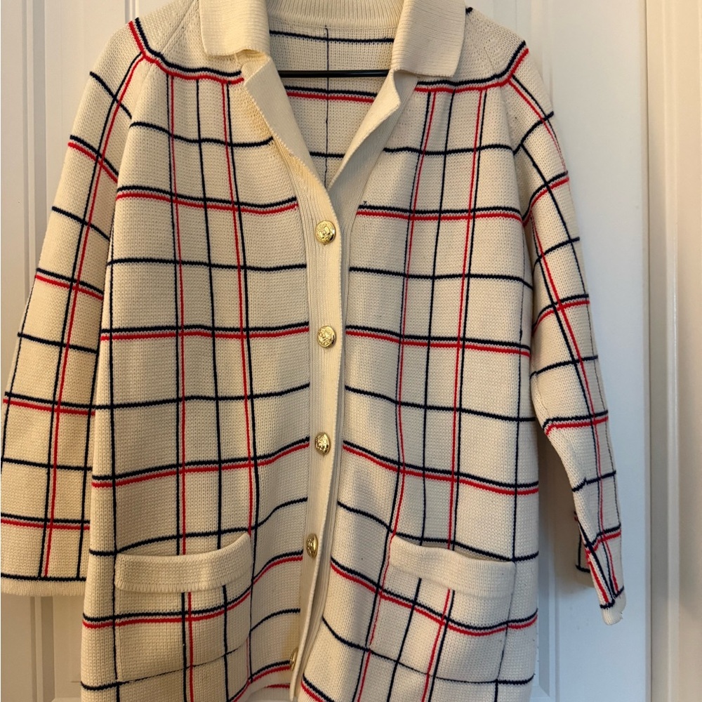 Vintage Plaid Knit Cardigan with Gold Buttons